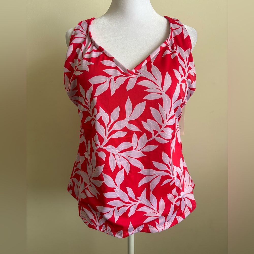 New All in Motion Red Leaf Pattern Criss Cross Tankini Top Size 20W - Picture 2 of 9